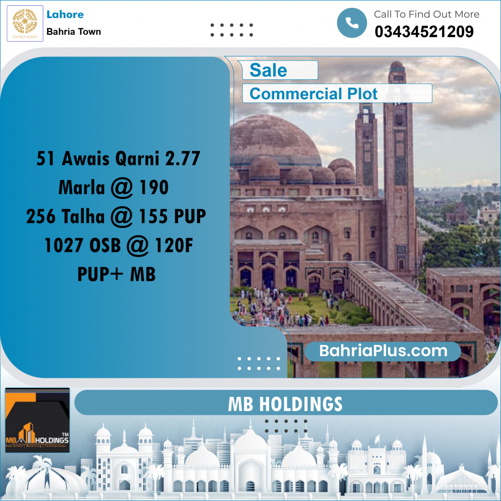 Commercial Plot for Sale in Overseas A / Awais Qarni Commercial - Bahria Town, Lahore - (BP-179944)