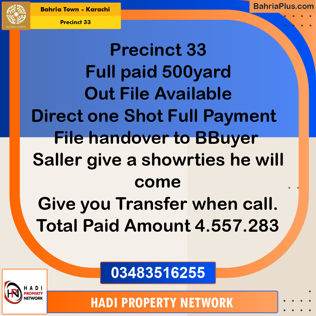 Residential Plot for Sale in Precinct 33 -  Bahria Town, Karachi - (BP-180008)