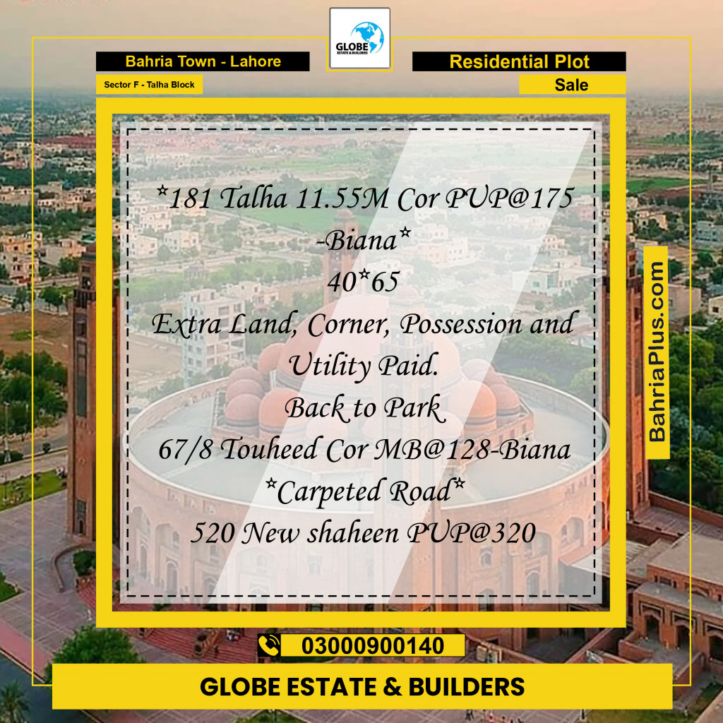 Residential Plot for Sale in Sector F - Talha Block - Bahria Town, Lahore - (BP-180055)