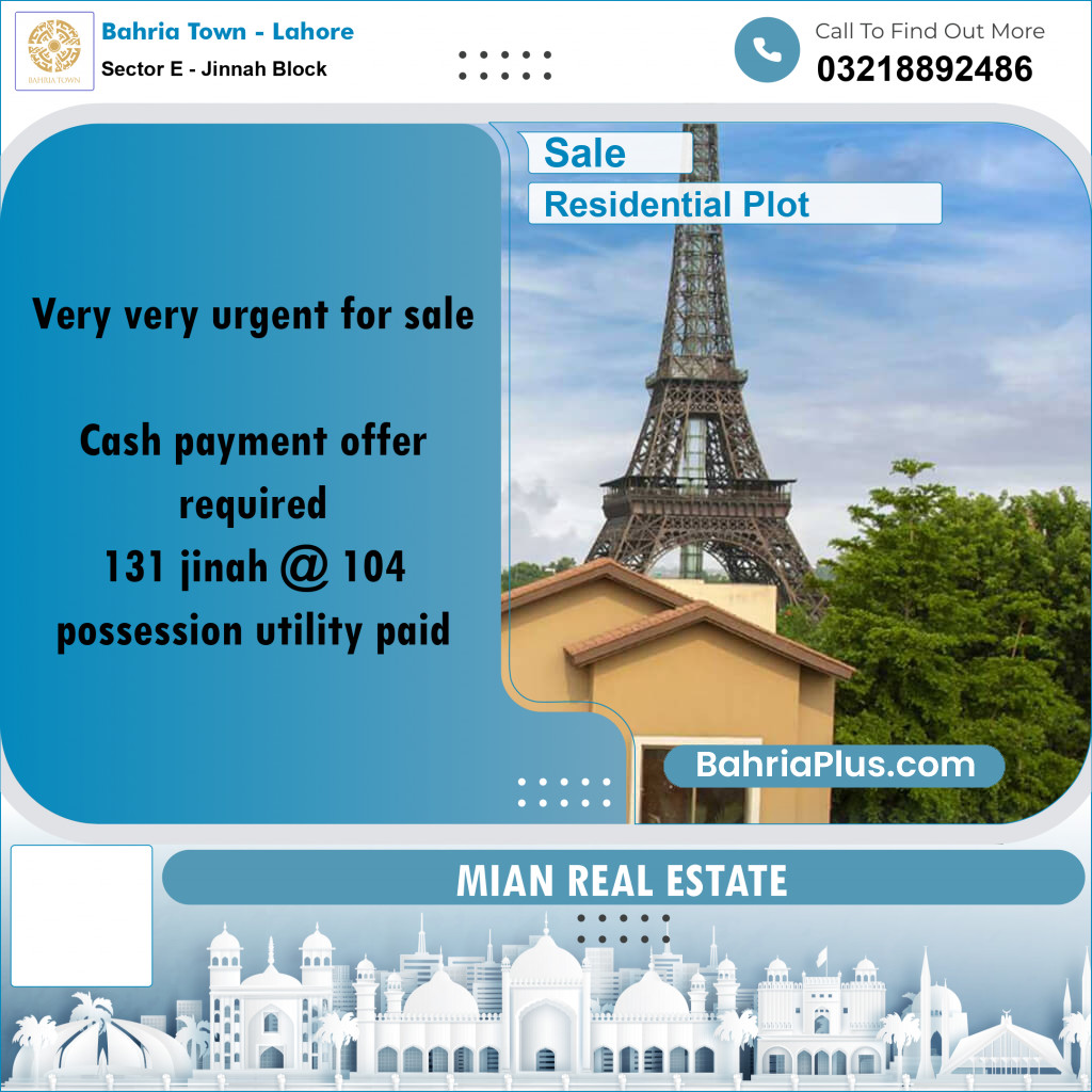 Residential Plot for Sale in Sector E - Jinnah Block - Bahria Town, Lahore - (BP-180152)