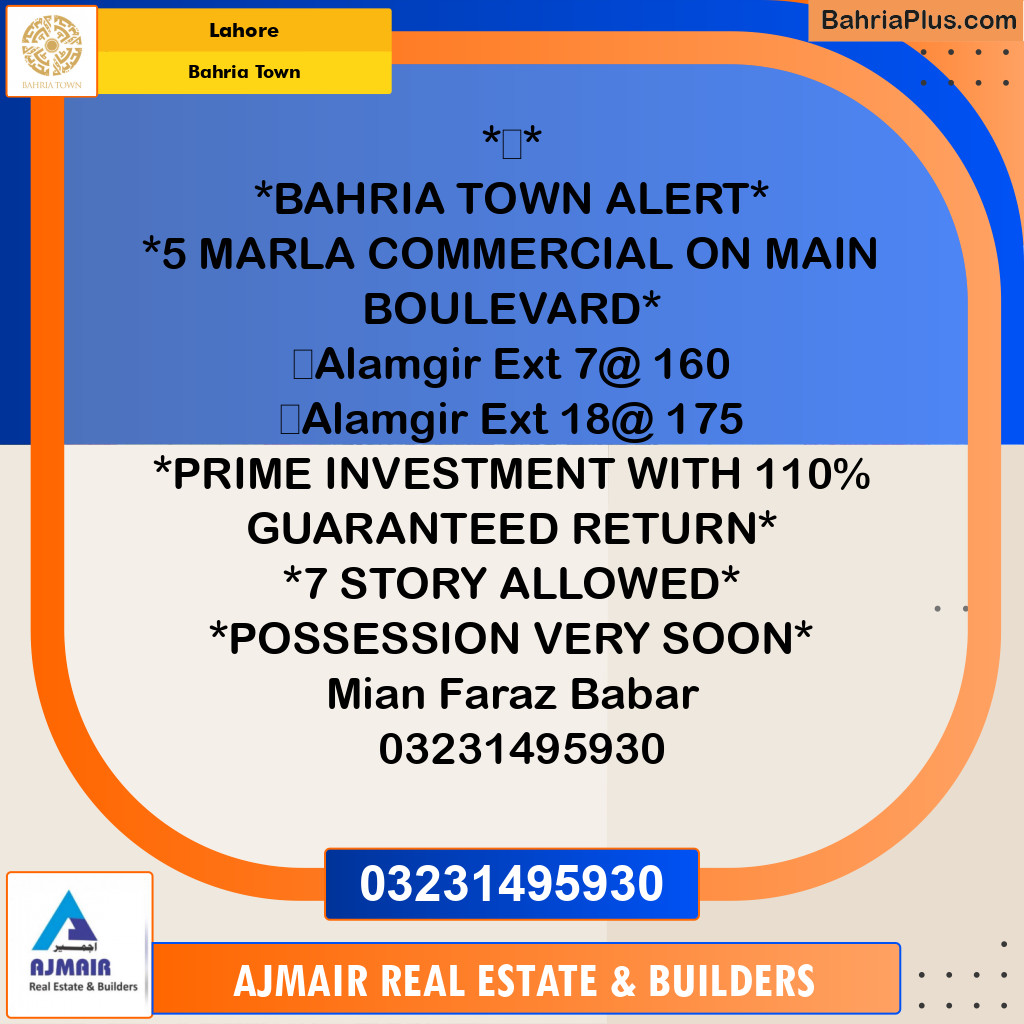 Commercial Plot for Sale in Alamgir Commercial - Bahria Town, Lahore - (BP-180212)