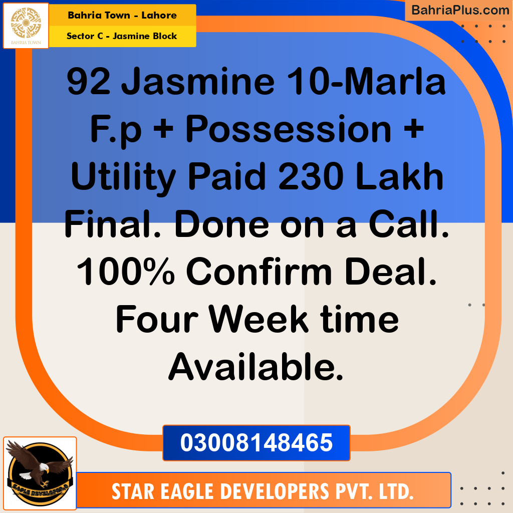 Residential Plot for Sale in Sector C - Jasmine Block - Bahria Town, Lahore - (BP-180357)