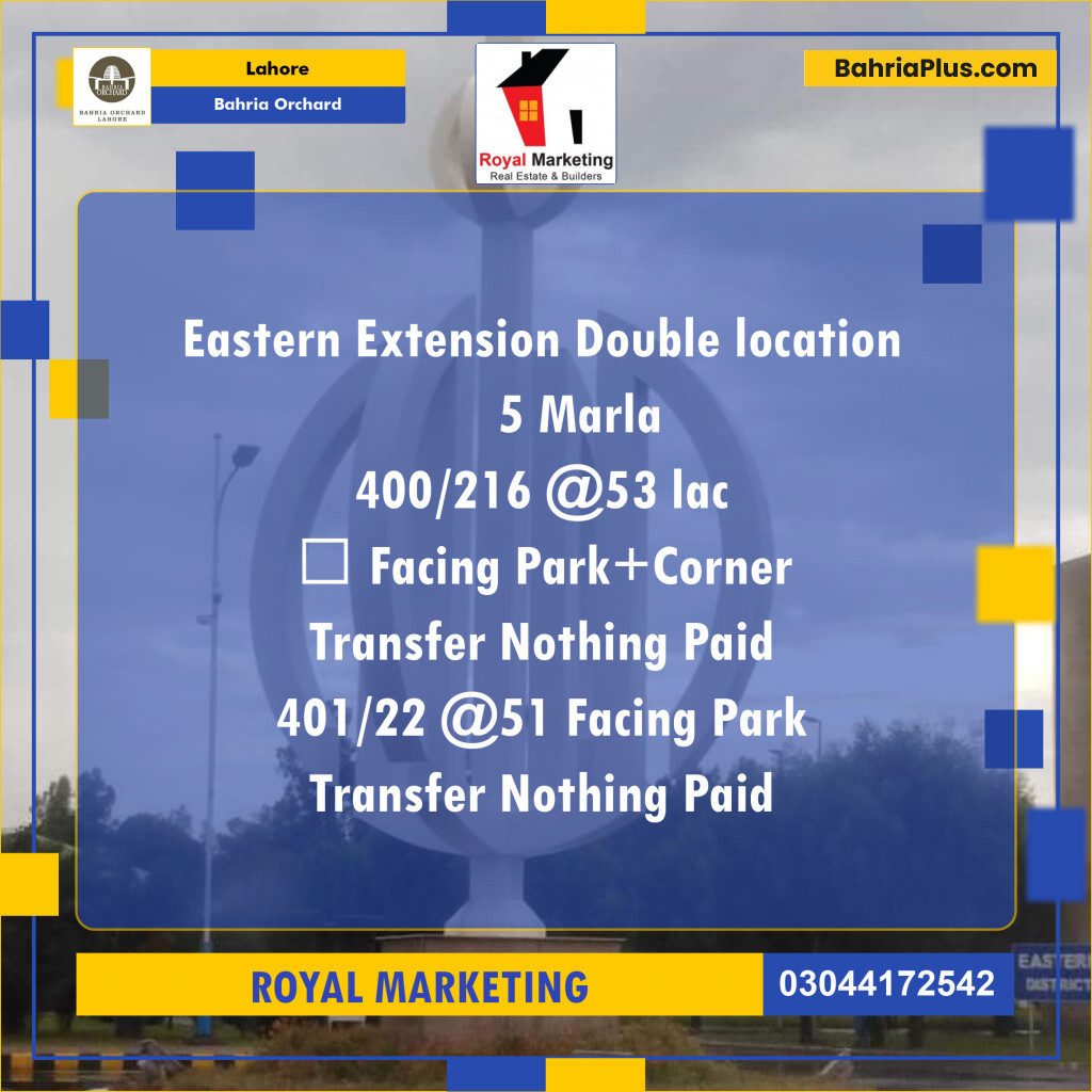 Residential Plot for Sale in Phase 1 - Eastern District Ext. II -  Bahria Orchard, Lahore - (BP-180536)