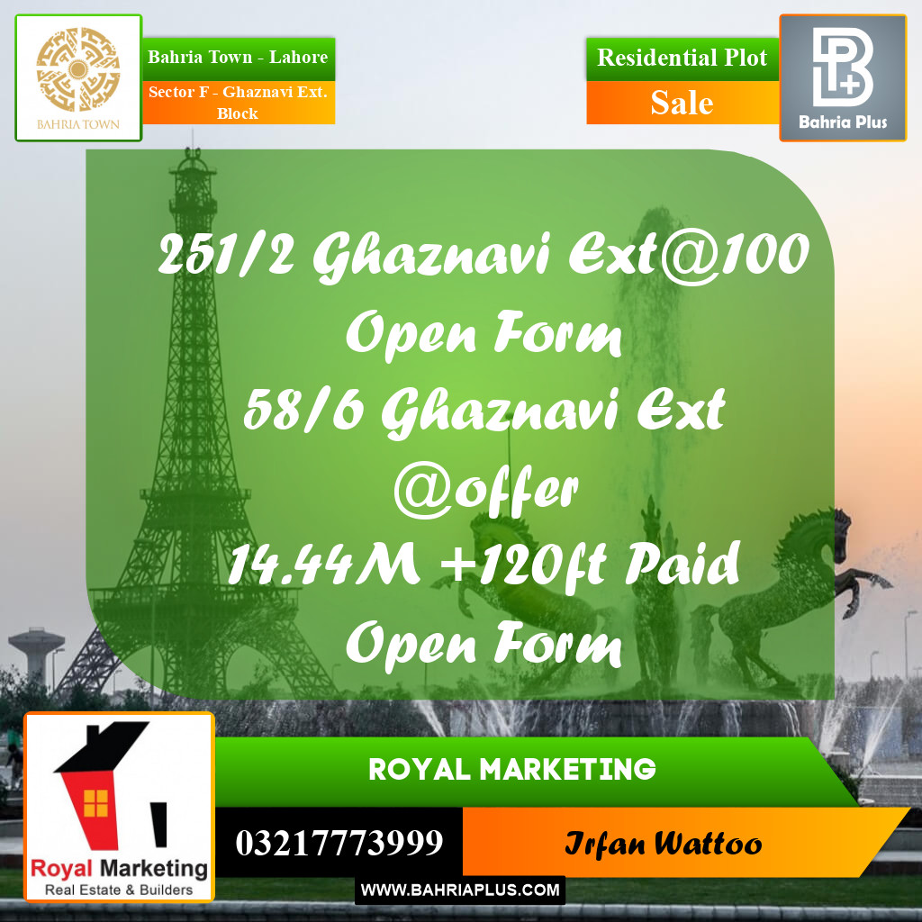 Residential Plot for Sale in Sector F - Ghaznavi Ext. Block -  Bahria Town, Lahore - (BP-180640)