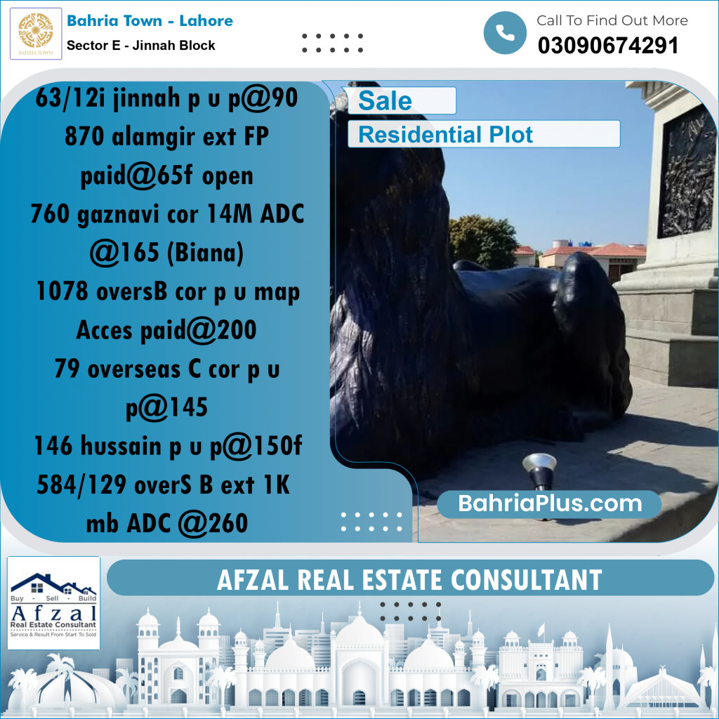 Residential Plot for Sale in Sector E - Jinnah Block -  Bahria Town, Lahore - (BP-180677)