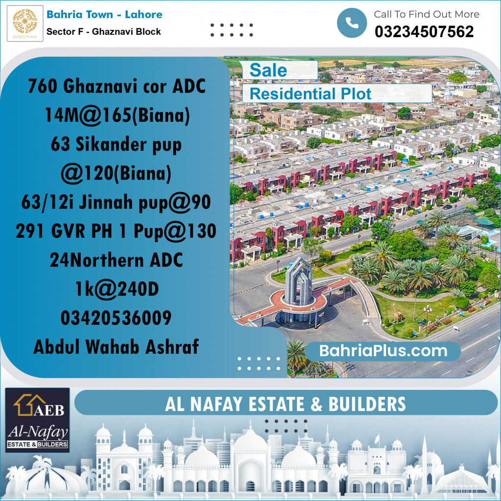 Residential Plot for Sale in Sector F - Ghaznavi Block -  Bahria Town, Lahore - (BP-180718)