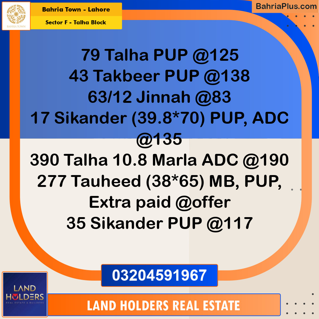Residential Plot for Sale in Sector F - Talha Block -  Bahria Town, Lahore - (BP-180756)