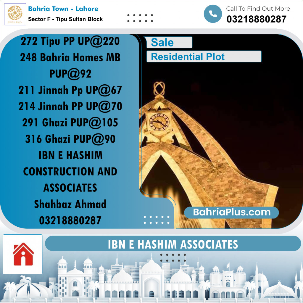 Residential Plot for Sale in Sector F - Tipu Sultan Block -  Bahria Town, Lahore - (BP-180802)