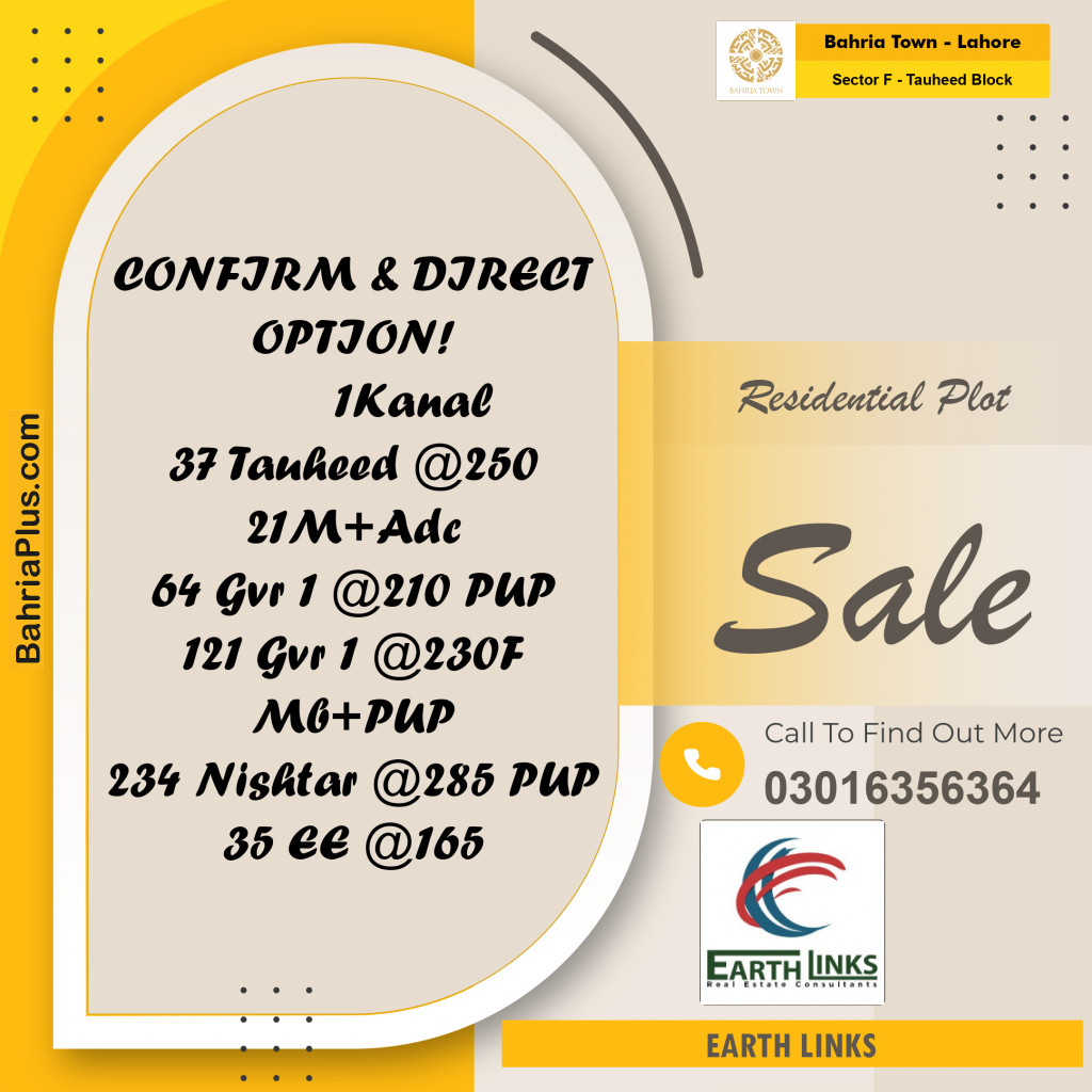 Residential Plot for Sale in Sector F - Tauheed Block -  Bahria Town, Lahore - (BP-180980)