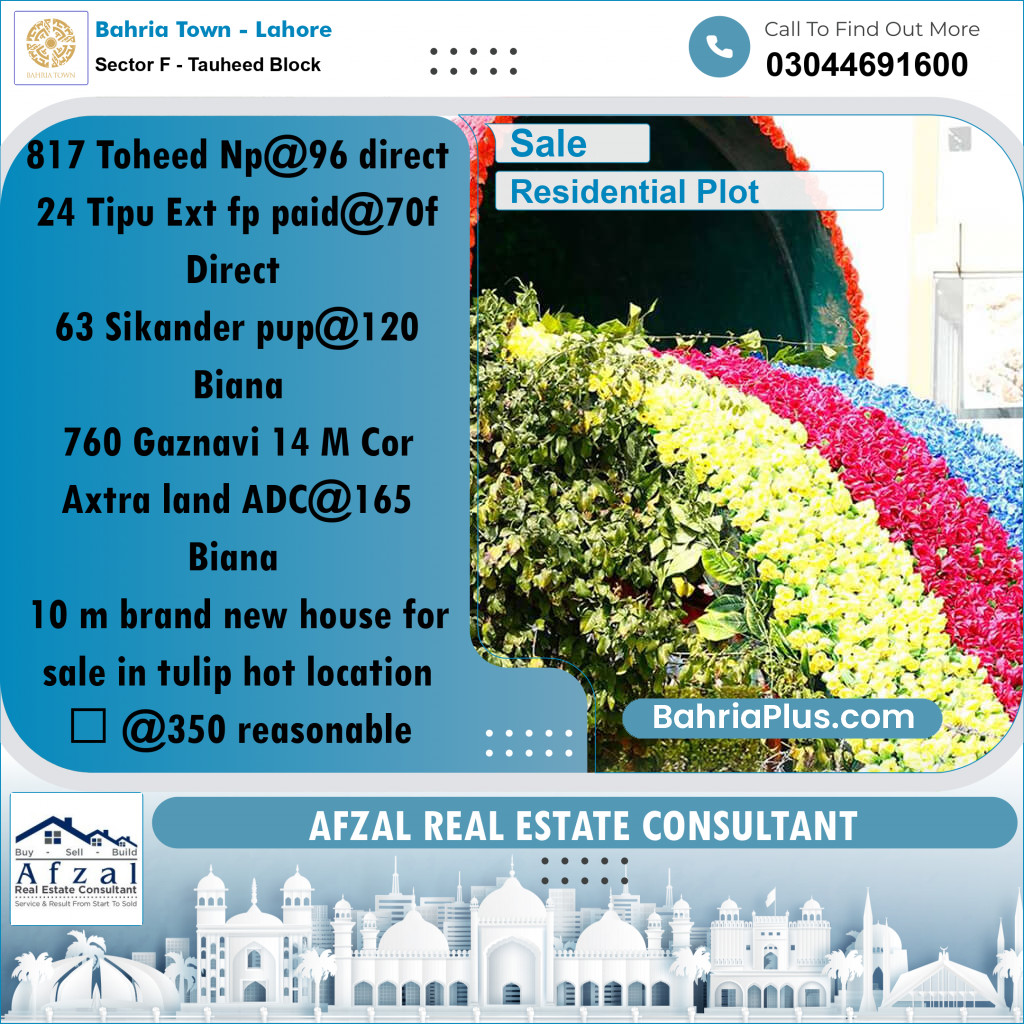 Residential Plot for Sale in Sector F - Tauheed Block -  Bahria Town, Lahore - (BP-181062)