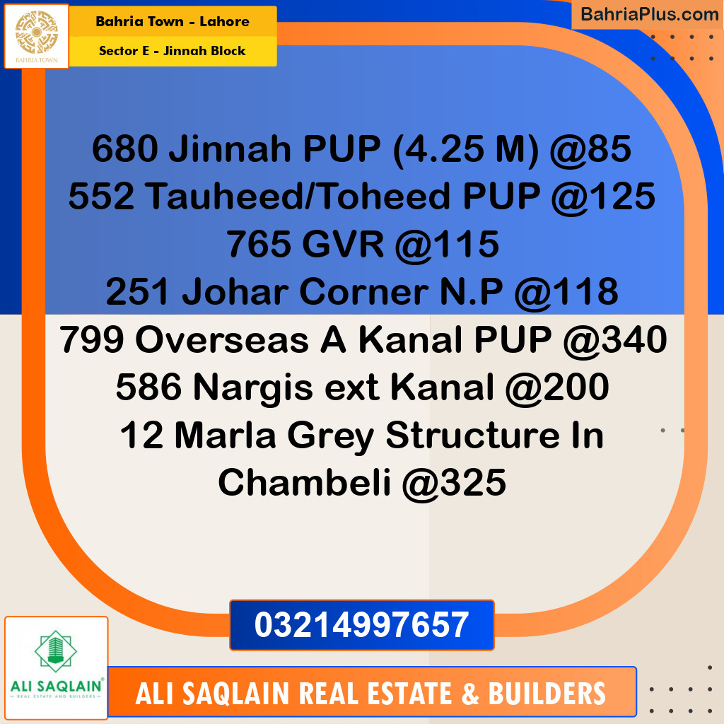 Residential Plot for Sale in Sector E - Jinnah Block -  Bahria Town, Lahore - (BP-181224)