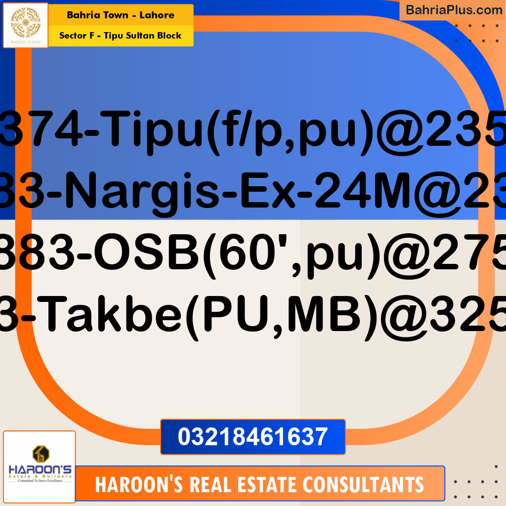 Residential Plot for Sale in Sector F - Tipu Sultan Block -  Bahria Town, Lahore - (BP-181309)