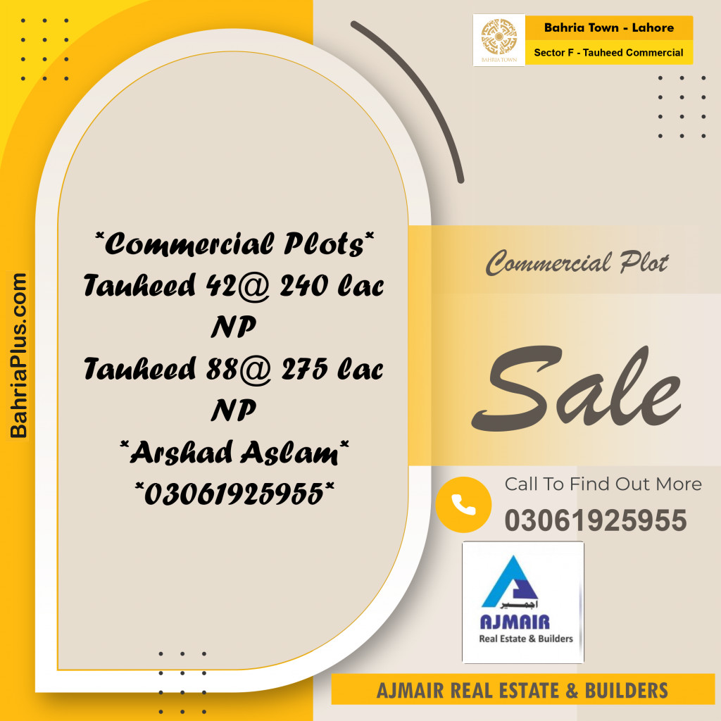 Commercial Plot for Sale in Sector F - Tauheed Commercial -  Bahria Town, Lahore - (BP-181472)