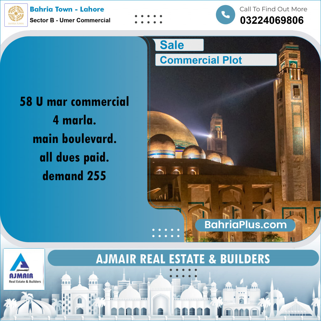 Commercial Plot for Sale in Sector B - Umer Commercial - Bahria Town, Lahore - (BP-181487)