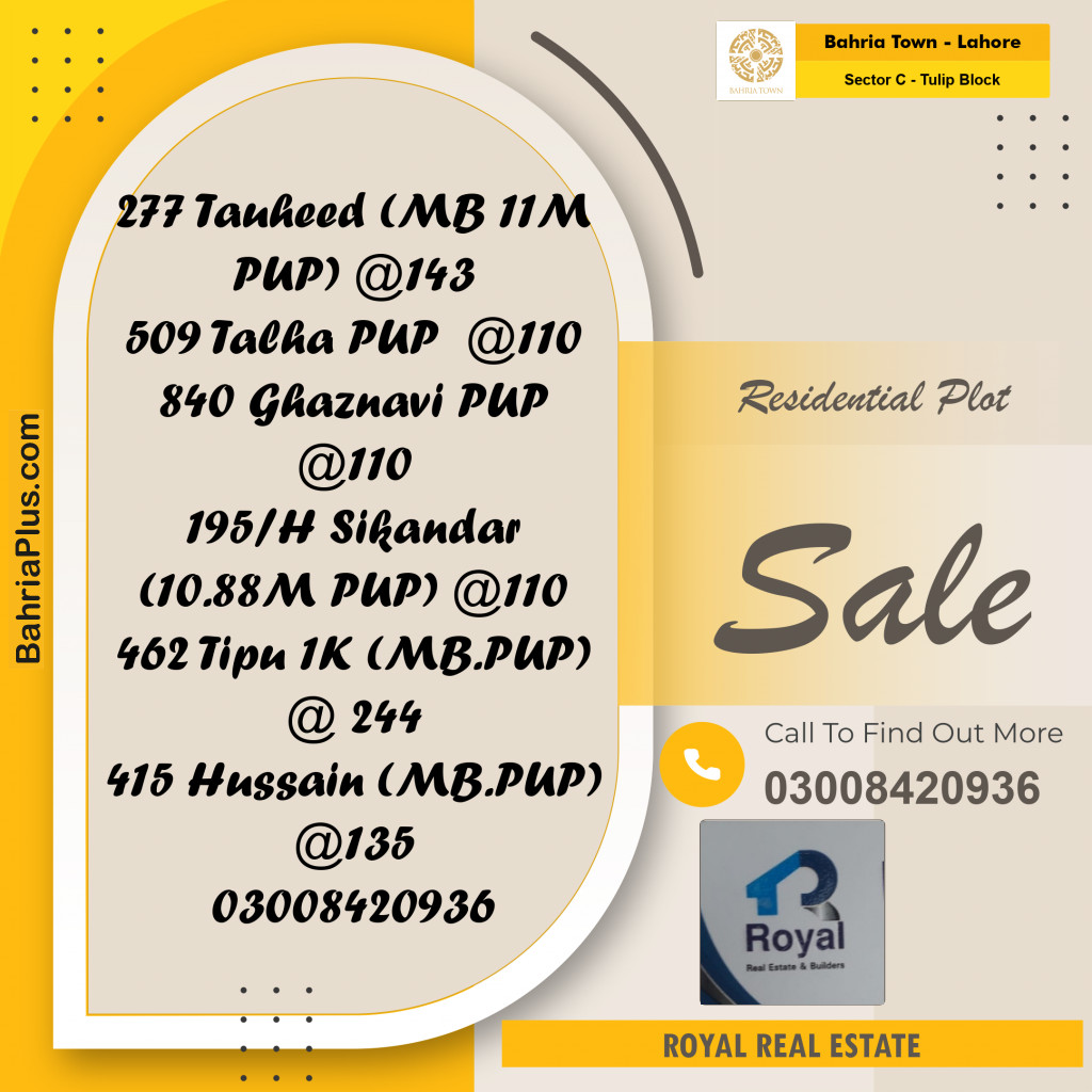 Residential Plot for Sale in Sector C - Tulip Block -  Bahria Town, Lahore - (BP-181495)