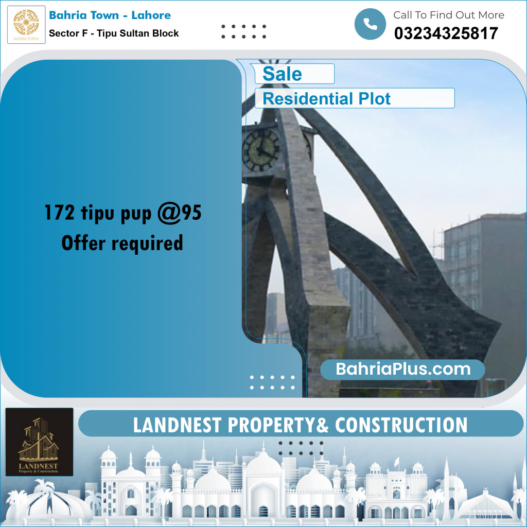 Residential Plot for Sale in Sector F - Tipu Sultan Block -  Bahria Town, Lahore - (BP-181535)