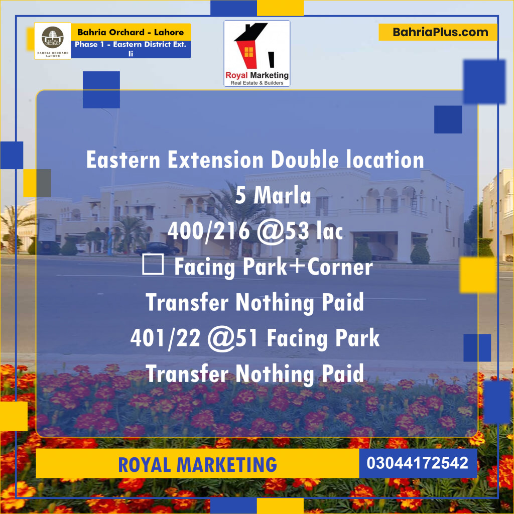 Residential Plot for Sale in Phase 1 - Eastern District Ext. II -  Bahria Orchard, Lahore - (BP-181596)