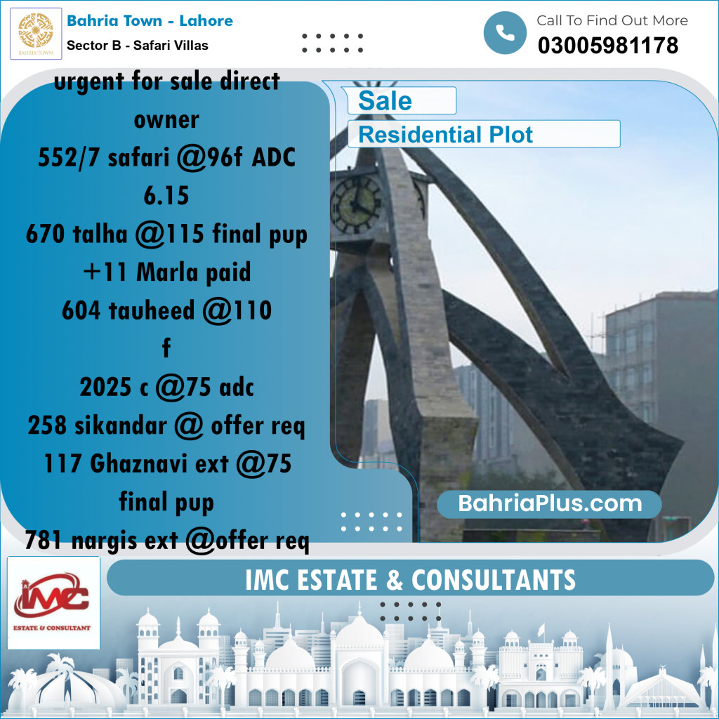 Residential Plot for Sale in Sector B - Safari Villas - Bahria Town, Lahore - (BP-181598)