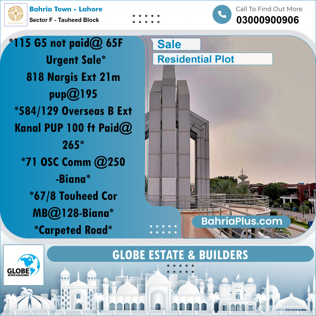 Residential Plot for Sale in Sector F - Tauheed Block -  Bahria Town, Lahore - (BP-181647)