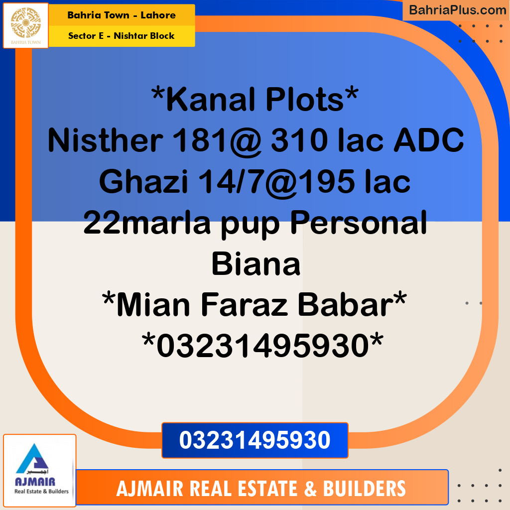 Residential Plot for Sale in Sector E - Nishtar Block -  Bahria Town, Lahore - (BP-181725)