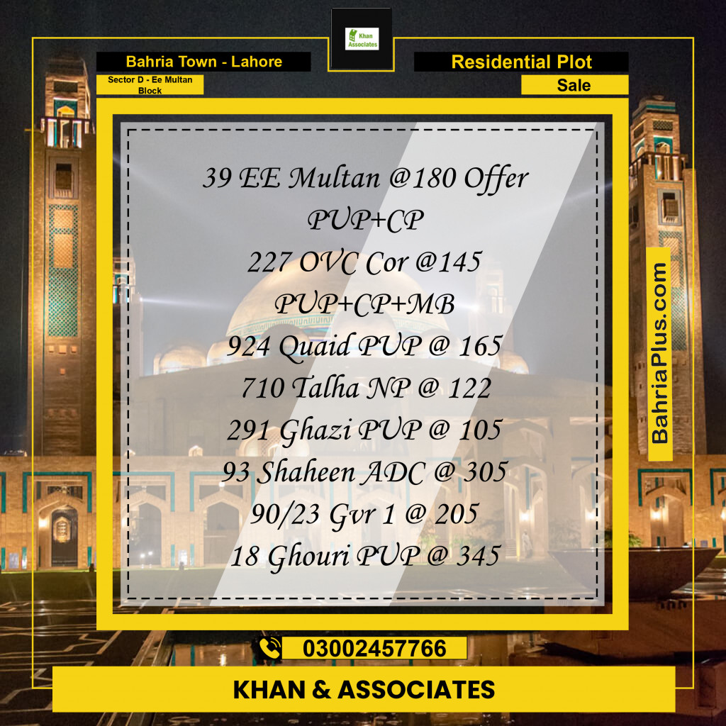 Residential Plot for Sale in Sector D - EE Multan Block -  Bahria Town, Lahore - (BP-181737)