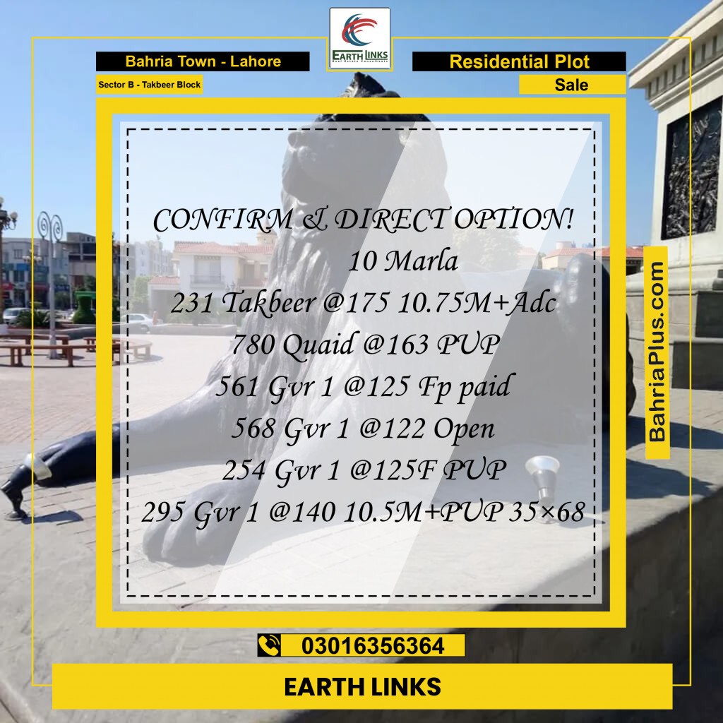 Residential Plot for Sale in Sector B - Takbeer Block - Bahria Town, Lahore - (BP-181740)