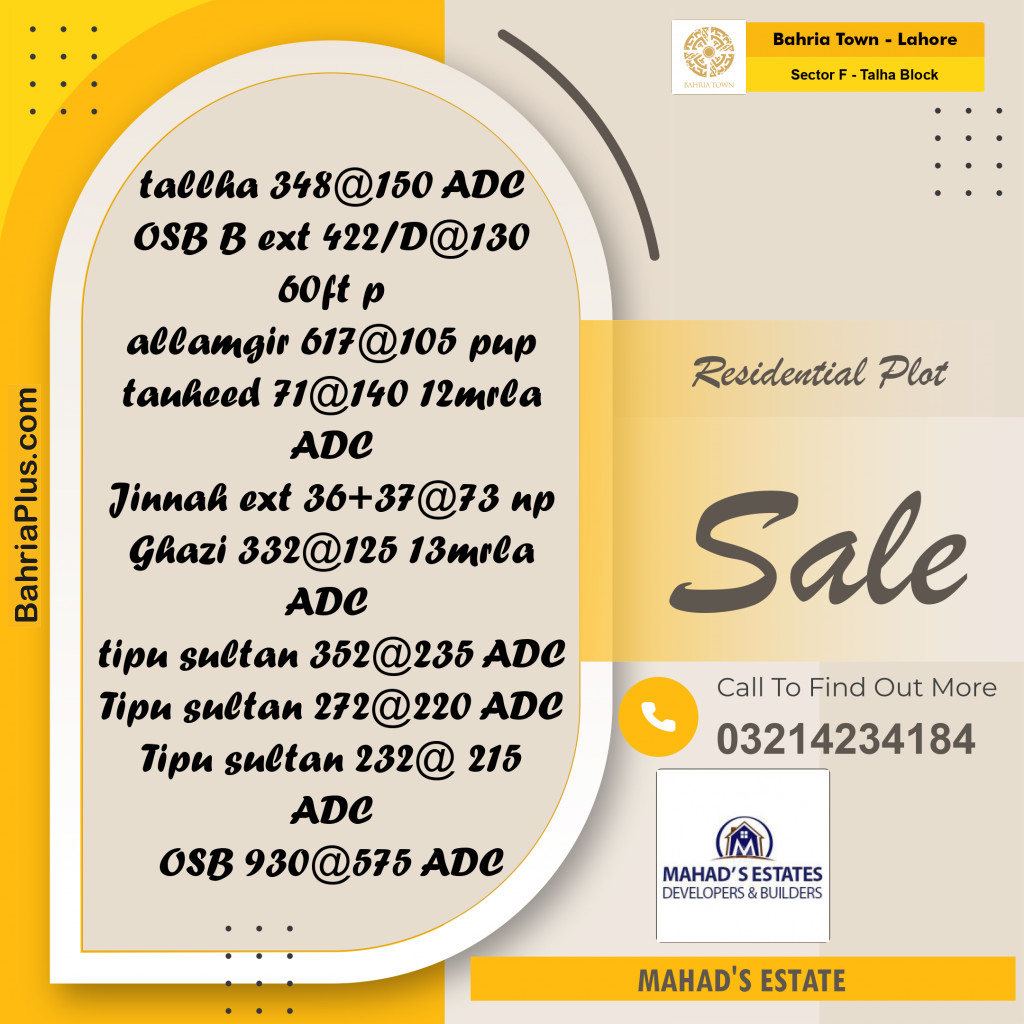 Residential Plot for Sale in Sector F - Talha Block - Bahria Town, Lahore - (BP-181751)