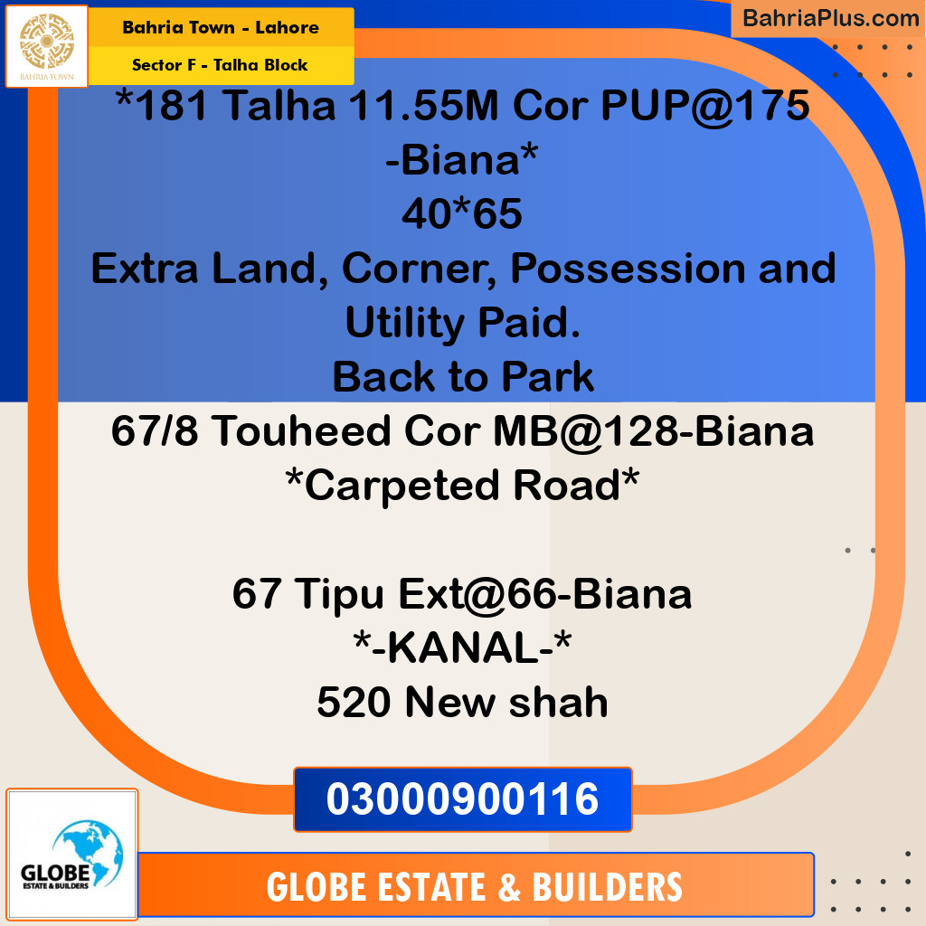 Residential Plot for Sale in Sector F - Talha Block -  Bahria Town, Lahore - (BP-181840)