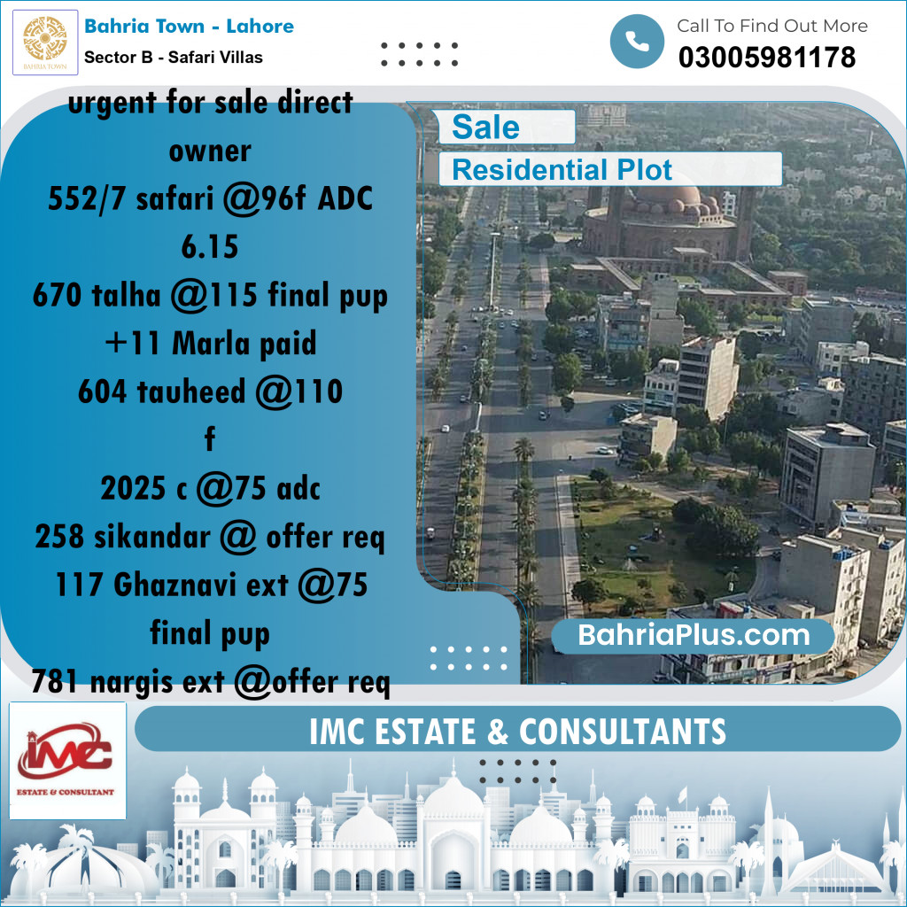 Residential Plot for Sale in Sector B - Safari Villas -  Bahria Town, Lahore - (BP-181962)