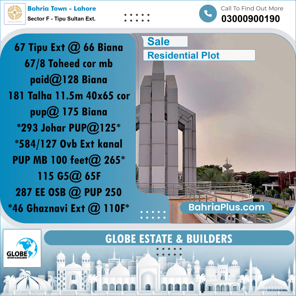 Residential Plot for Sale in Sector F - Tipu Sultan Ext. -  Bahria Town, Lahore - (BP-182001)