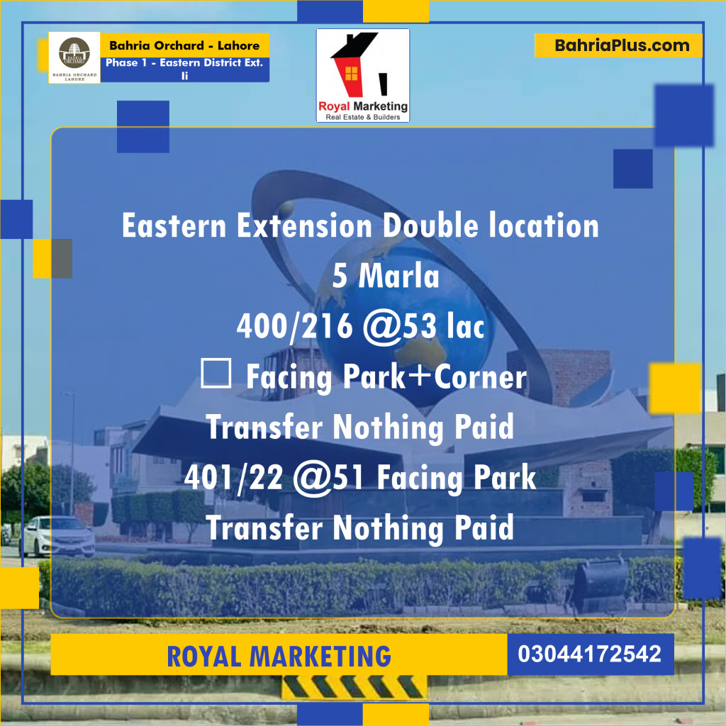 Residential Plot for Sale in Phase 1 - Eastern District Ext. II -  Bahria Orchard, Lahore - (BP-182087)