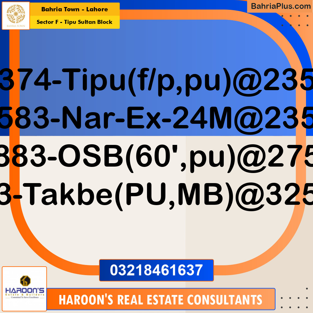 Residential Plot for Sale in Sector F - Tipu Sultan Block -  Bahria Town, Lahore - (BP-182091)