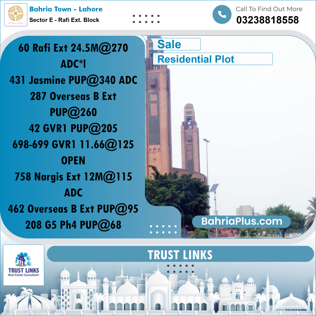 Residential Plot for Sale in Sector E - Rafi Ext. Block -  Bahria Town, Lahore - (BP-182110)