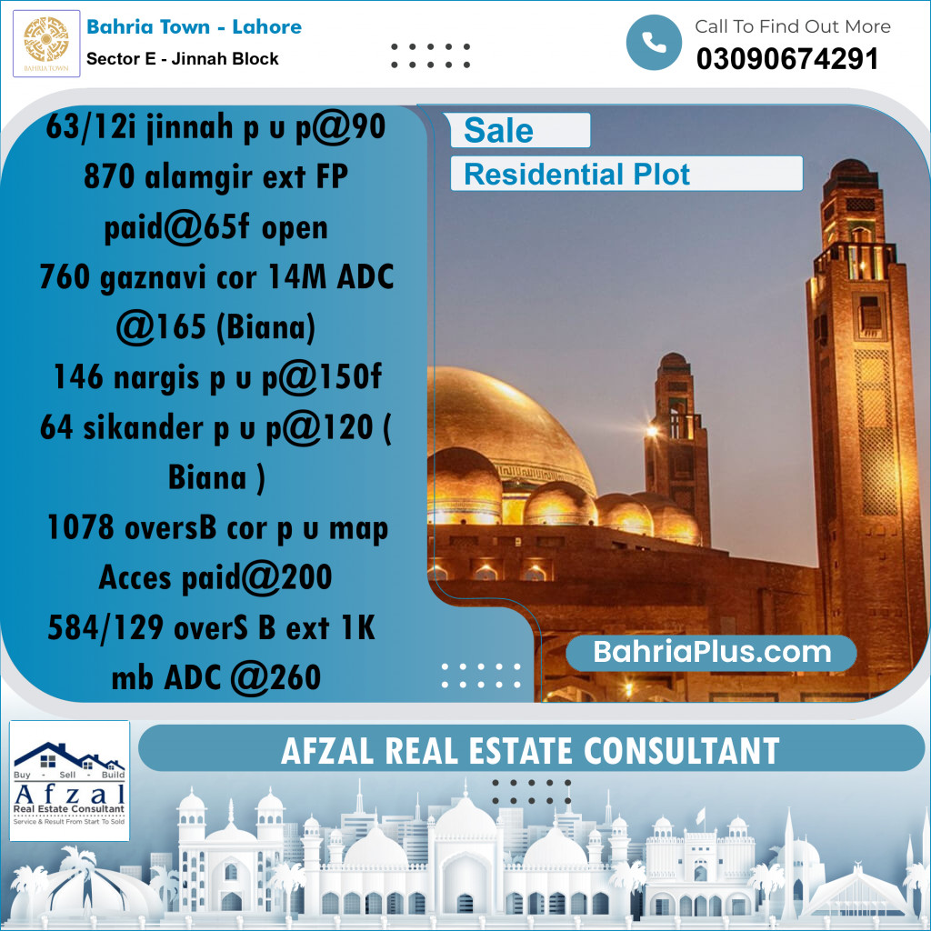 Residential Plot for Sale in Sector E - Jinnah Block -  Bahria Town, Lahore - (BP-182129)