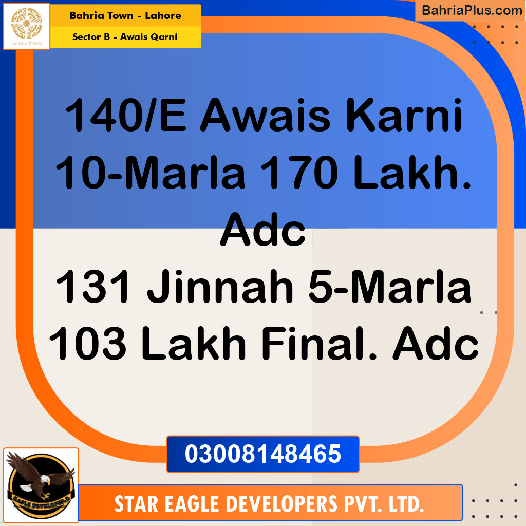 Residential Plot for Sale in Sector B - Awais Qarni -  Bahria Town, Lahore - (BP-182142)