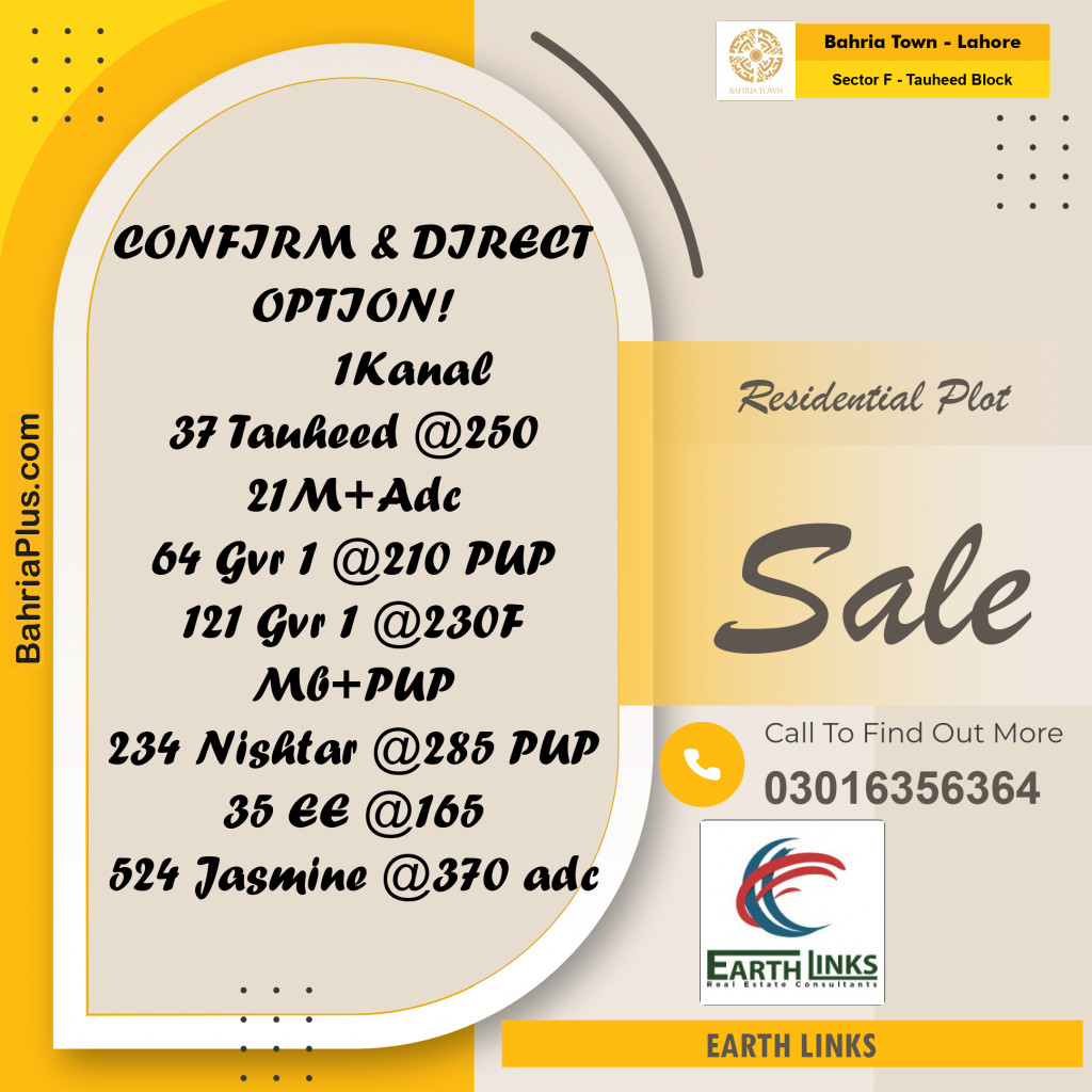 Residential Plot for Sale in Sector F - Tauheed Block -  Bahria Town, Lahore - (BP-182148)