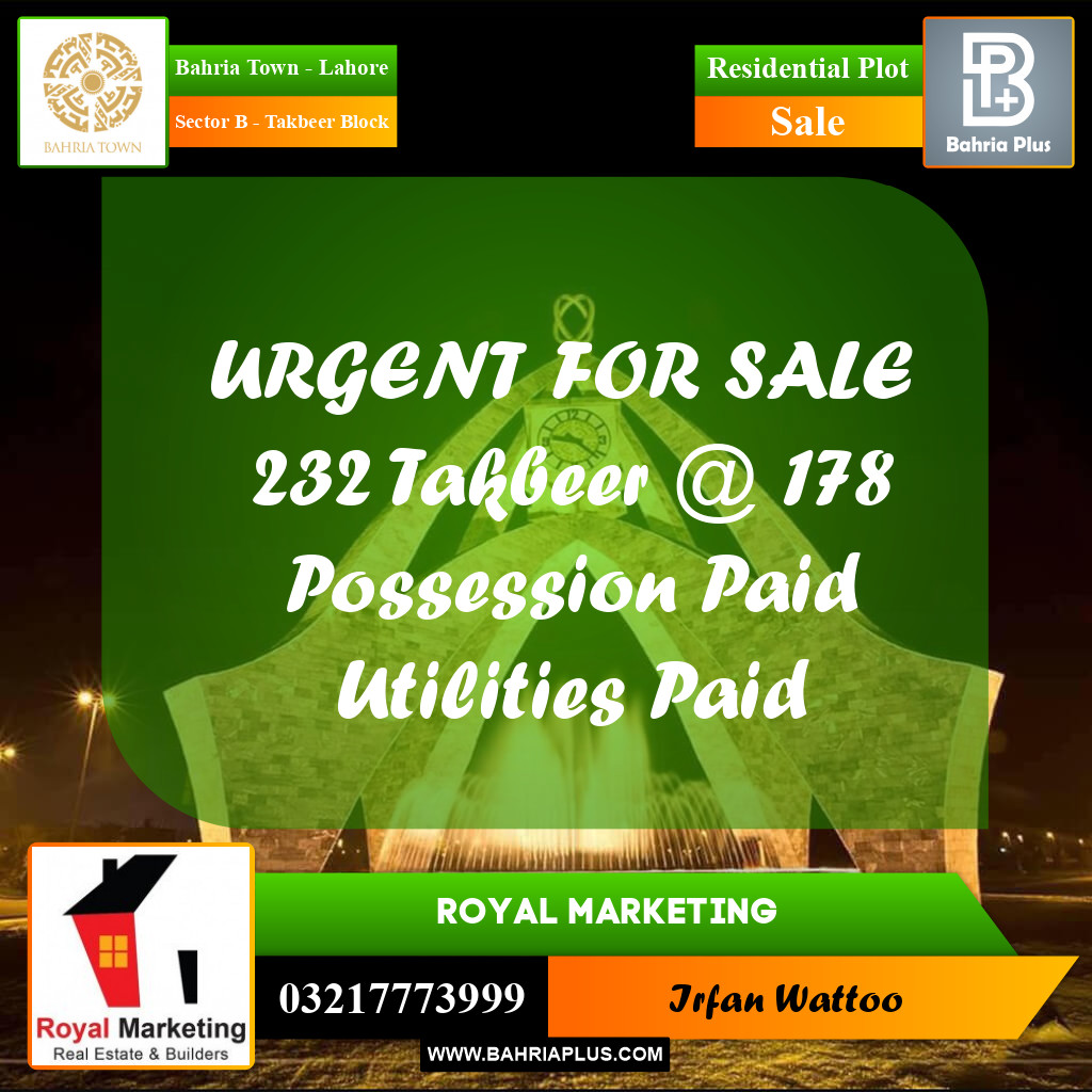 Residential Plot for Sale in Sector B - Takbeer Block -  Bahria Town, Lahore - (BP-182152)