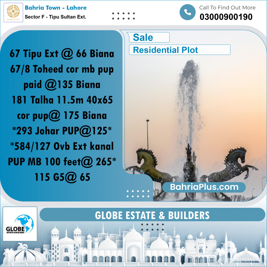 Residential Plot for Sale in Sector F - Tipu Sultan Ext. -  Bahria Town, Lahore - (BP-182171)
