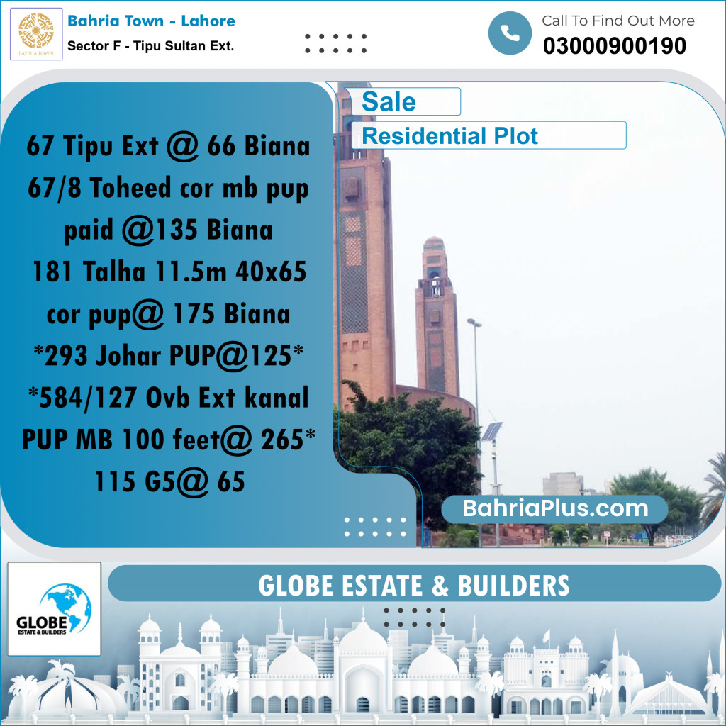 Residential Plot for Sale in Sector F - Tipu Sultan Ext. -  Bahria Town, Lahore - (BP-182227)