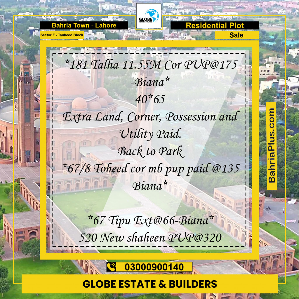 Residential Plot for Sale in Sector F - Tauheed Block - Bahria Town, Lahore - (BP-182331)