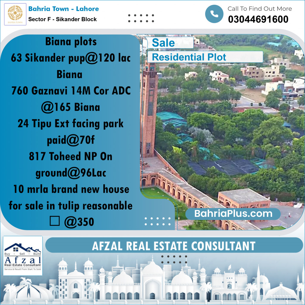 Residential Plot for Sale in Sector F - Sikander Block -  Bahria Town, Lahore - (BP-182354)