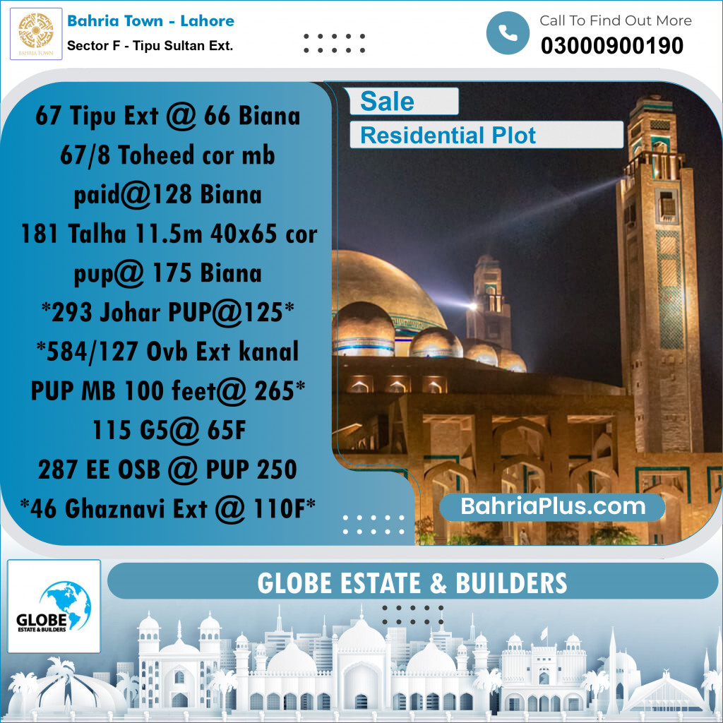 Residential Plot for Sale in Sector F - Tipu Sultan Ext. -  Bahria Town, Lahore - (BP-182468)