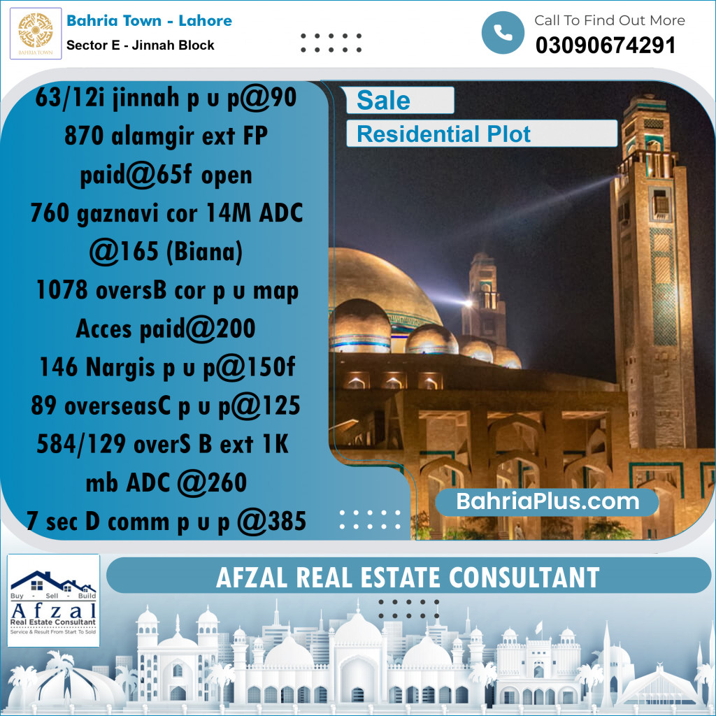 Residential Plot for Sale in Sector E - Jinnah Block -  Bahria Town, Lahore - (BP-182524)