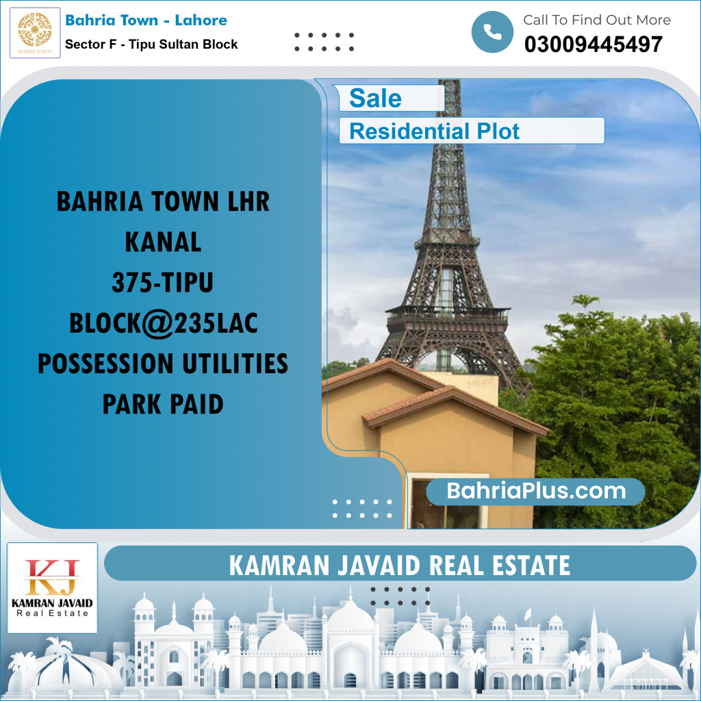 Residential Plot for Sale in Sector F - Tipu Sultan Block -  Bahria Town, Lahore - (BP-182556)