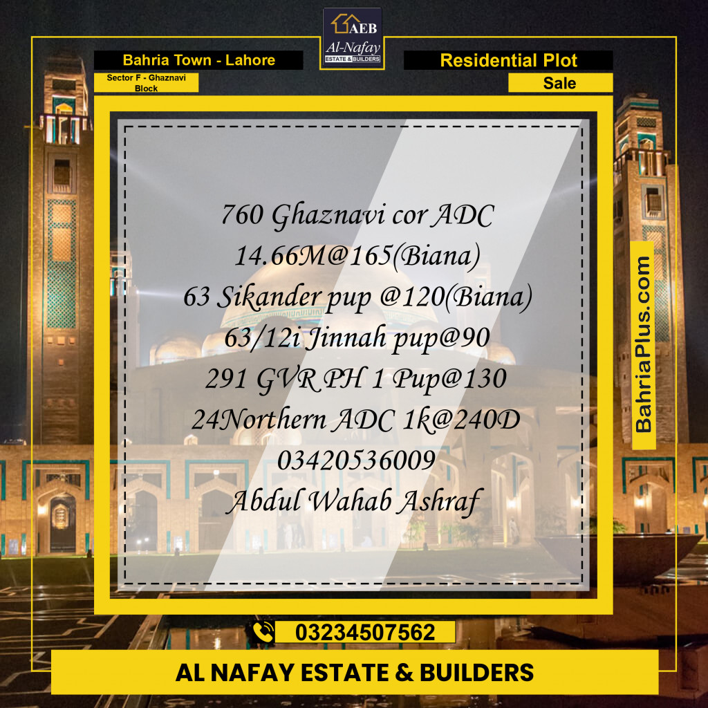 Residential Plot for Sale in Sector F - Ghaznavi Block - Bahria Town, Lahore - (BP-182671)