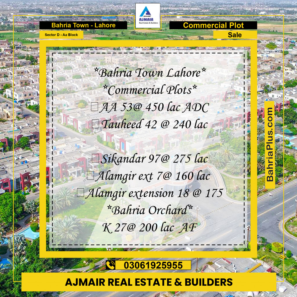Commercial Plot for Sale in Sector D - AA Block -  Bahria Town, Lahore - (BP-182706)