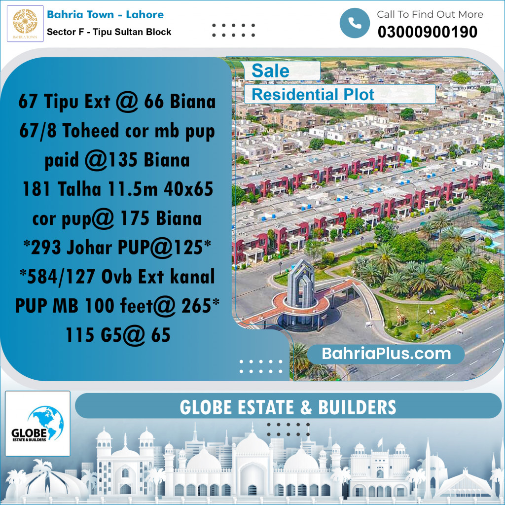 Residential Plot for Sale in Sector F - Tipu Sultan Block -  Bahria Town, Lahore - (BP-182730)
