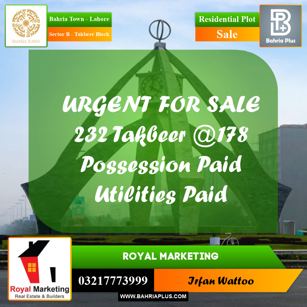 Residential Plot for Sale in Sector B - Takbeer Block -  Bahria Town, Lahore - (BP-182766)