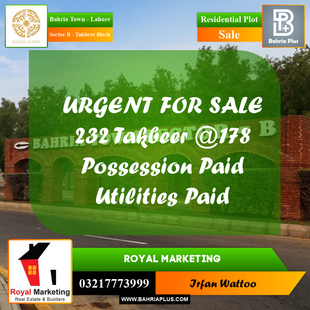 Residential Plot for Sale in Sector B - Takbeer Block -  Bahria Town, Lahore - (BP-182831)