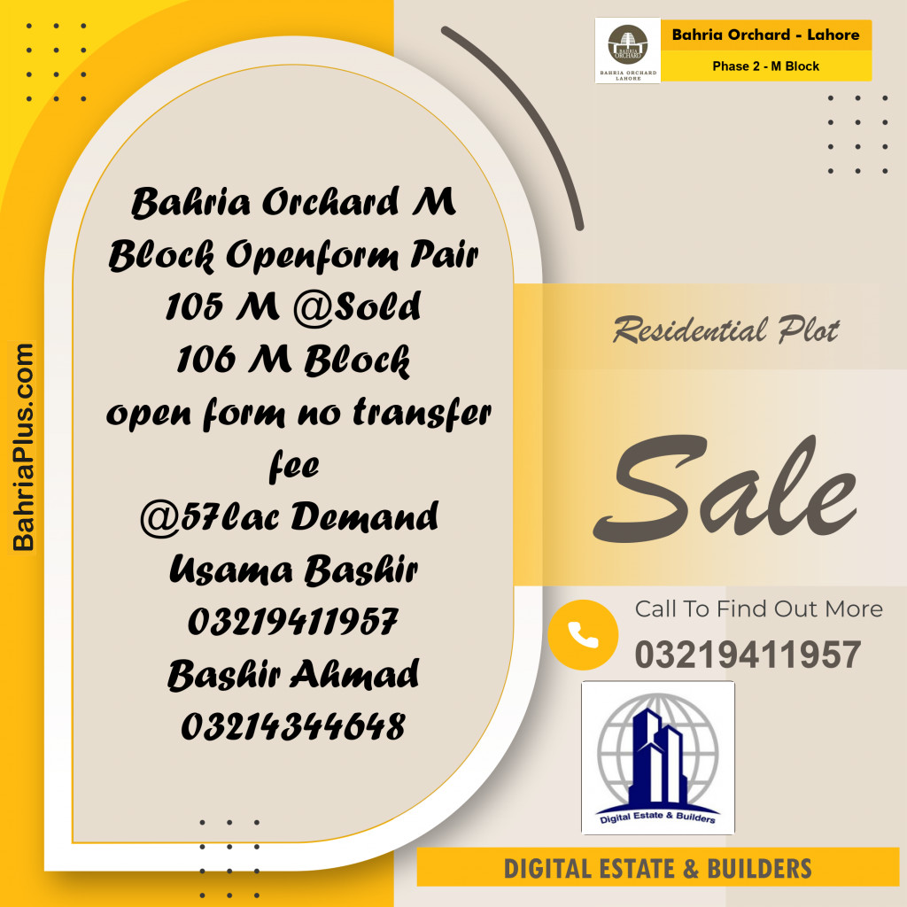 Residential Plot for Sale in Phase 2 - M Block -  Bahria Orchard, Lahore - (BP-182860)